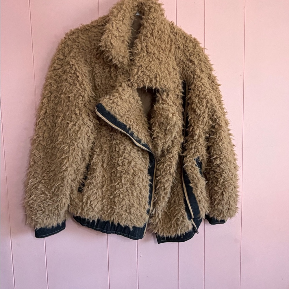 Divided Tan Teddy Jacket with Black Accents